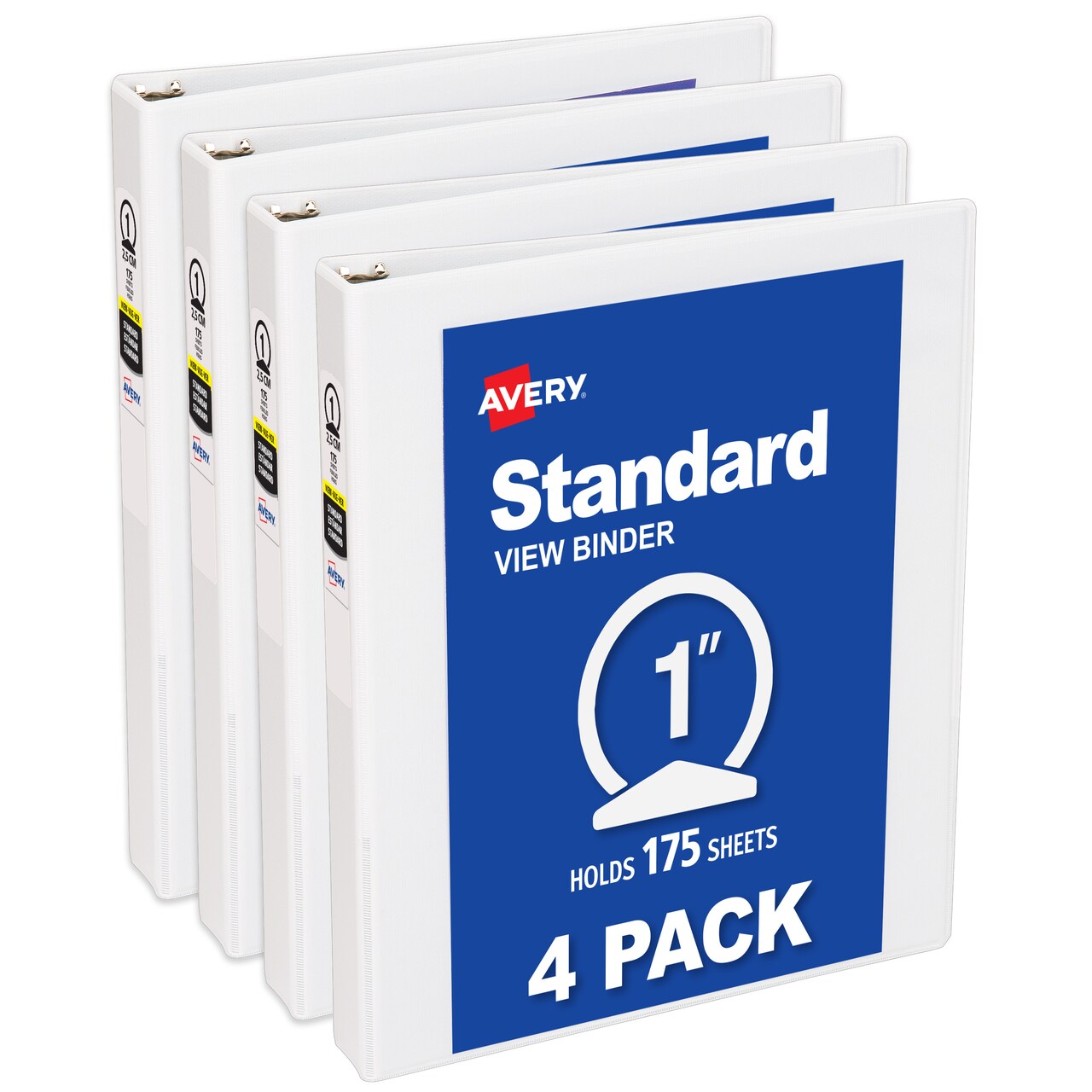 Avery® Standard View 3 Ring Binders, 1" Round Rings, 175-Sheet Capacity, 1.4 Inch Wide Spine, White Binders, Ideal for Lightweight Organization and Occasional Referencing (4-Pack of 19200)